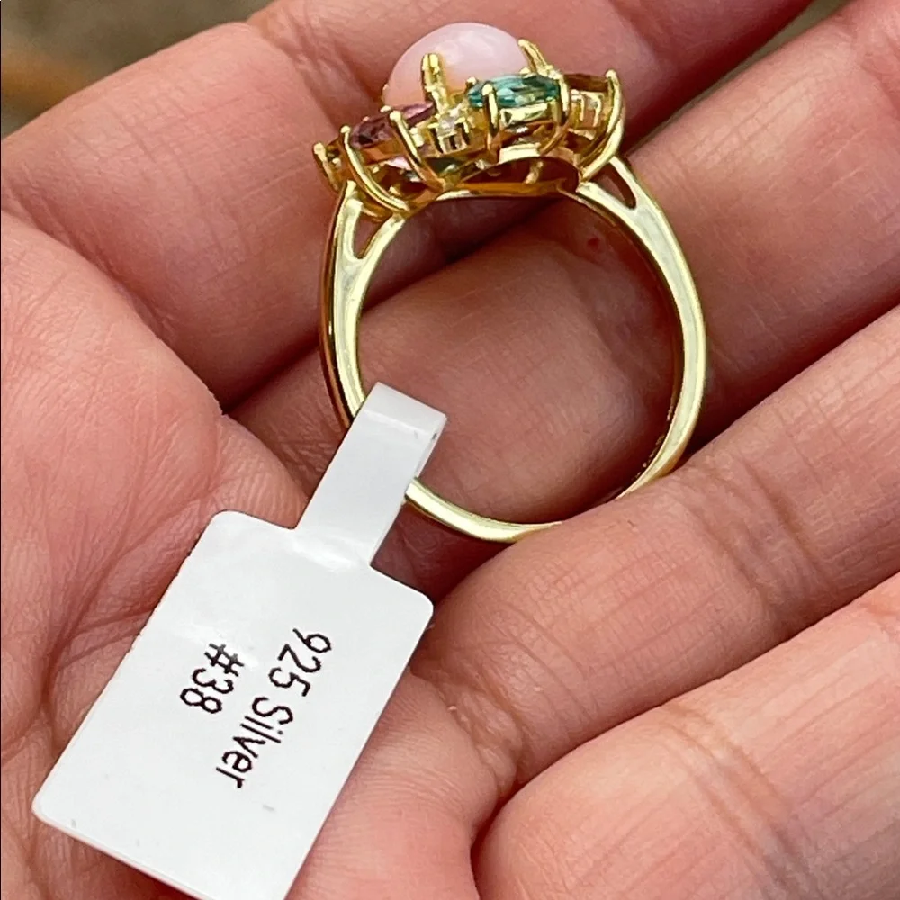 18k Gold Plated over 925 Sterling Silver Pink Opal & Tourmaline Ring Size 7.5